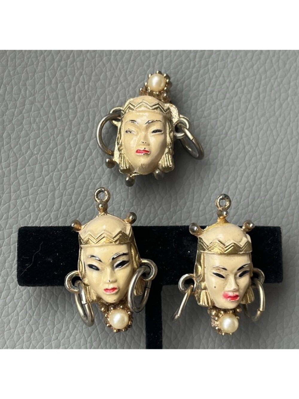Vtg Selro Selini Asian Princess Figural Face Faux Pearl Pin Brooch Earrings Set